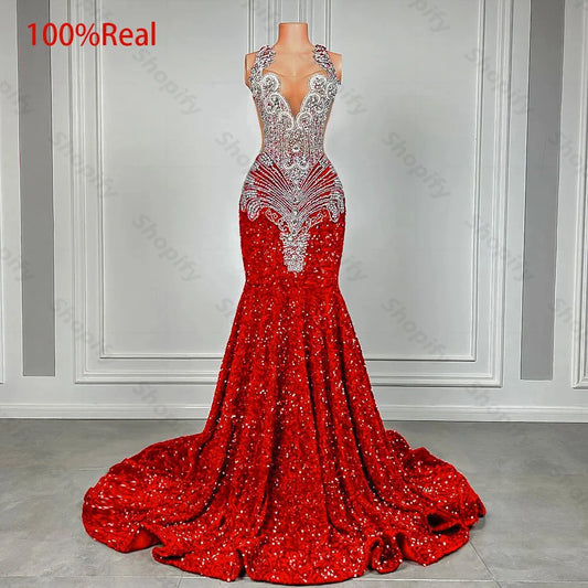 Sparkly Red Sequin Mermaid Prom Dresses Luxury Silver Crystal Prom Gowns