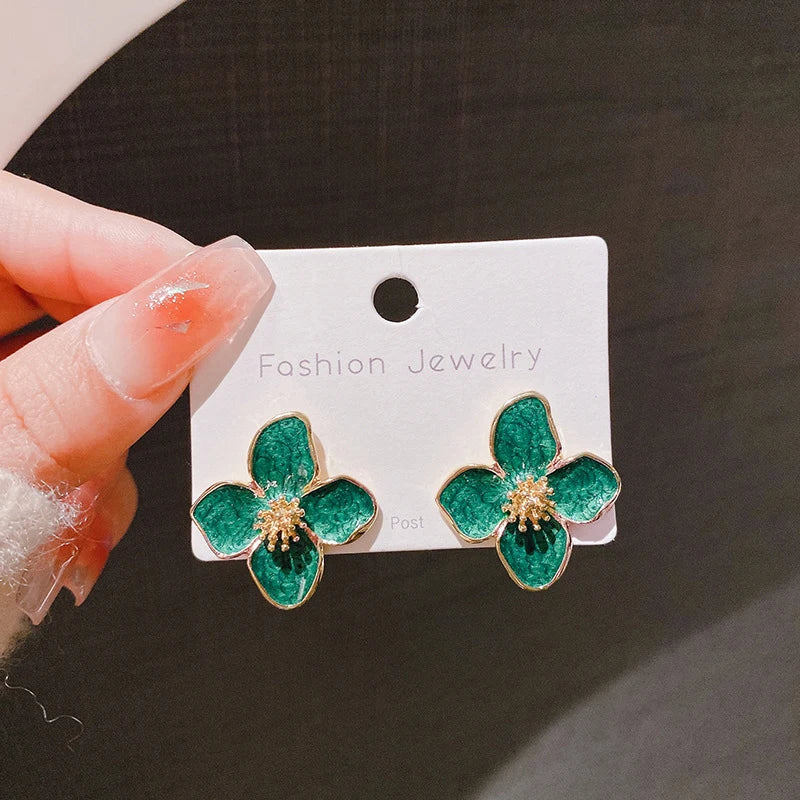 Hibiscus Dropped Glaze Flower Stud Earrings for Women Girl French Ins Vintage 2024 Fashion Korean Wedding Romantic Jewelry Gifts