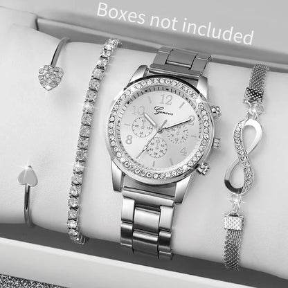 4PCS/Set Women's Watch Fashion Rhinestone Arabic Dial Steel Band Quartz Watches Bracelets Set（Without Box）