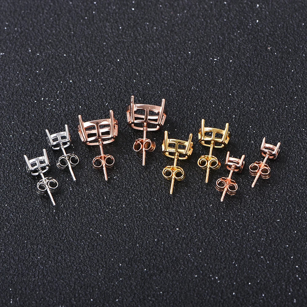 Oval 4-prong silvery Golden Rose golden color solid 925 sterling silver stud earring settings DIY jewelry supplies