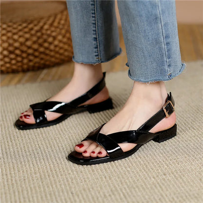 2024 New Genuine Leather Shoes Women Low Heel Square Toe Casual Shoes Summer  Comfortable Ladies Sandals Black Beige Size 35-42