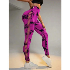 Women Tie Dye Mesh Leggings Sports Hollow Out Yoga Pants Fitness