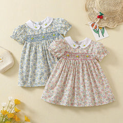 Summer Little Girl Short Sleeve Smocked Floral Dress Frock For 1 2 3 4 5 Years Girl