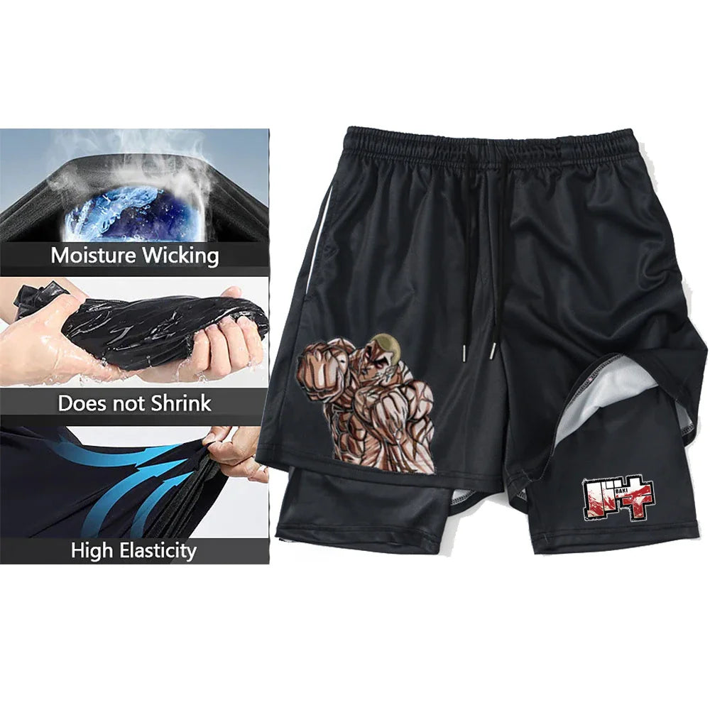 Anime Short Gyms Bilayer 2-in-1 Sports Shorts For Men Sweat-absorbent