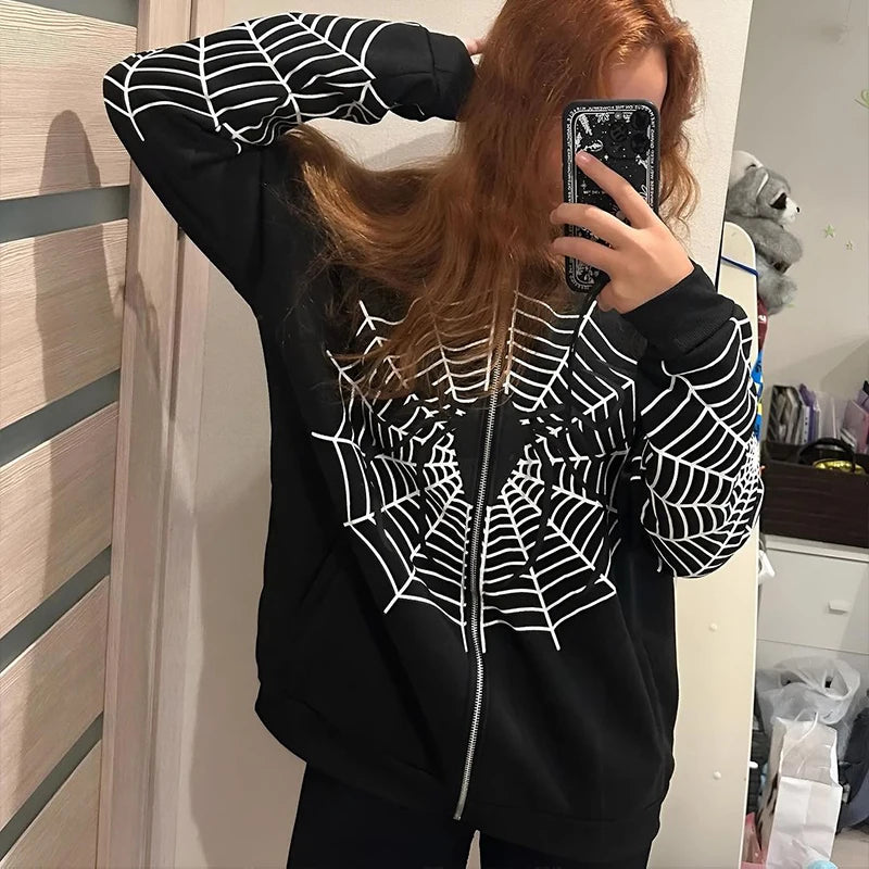 Y2k Rhinestone Skeleton Hoodies Women Gothic Black Zip Up Oversized Sweatshirts