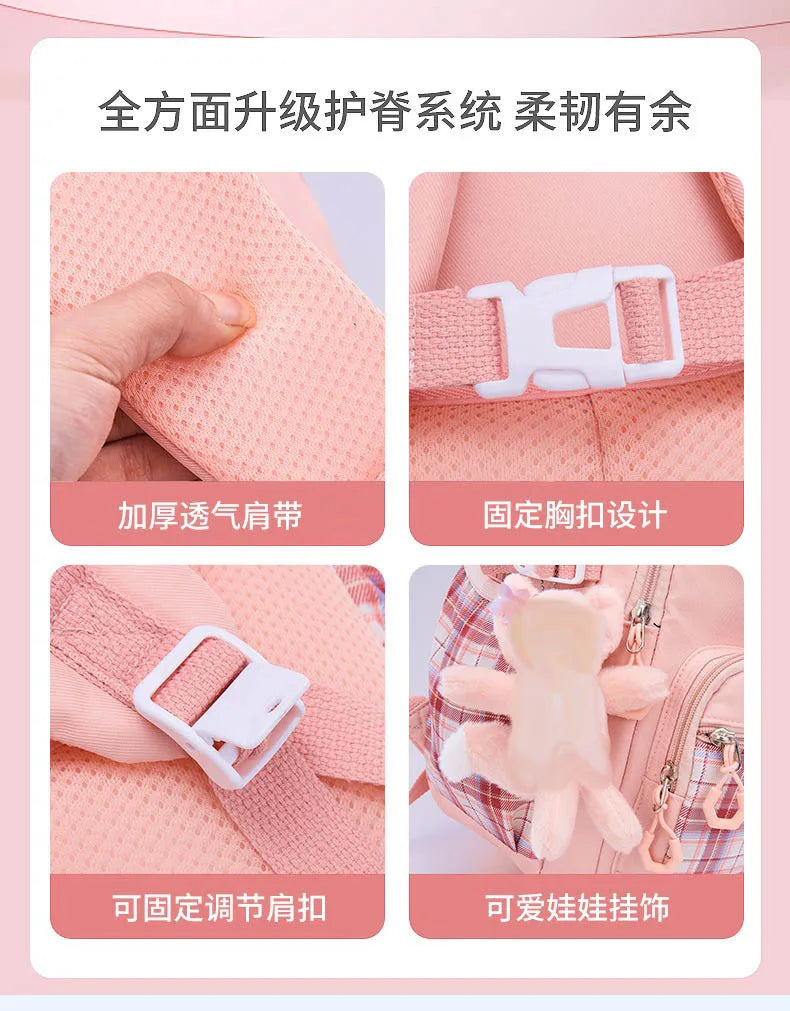 Protecting The Spine Ergonomics Elementary School Students Girls Checkered Backpack Large Capacity Lightweight Waterproof