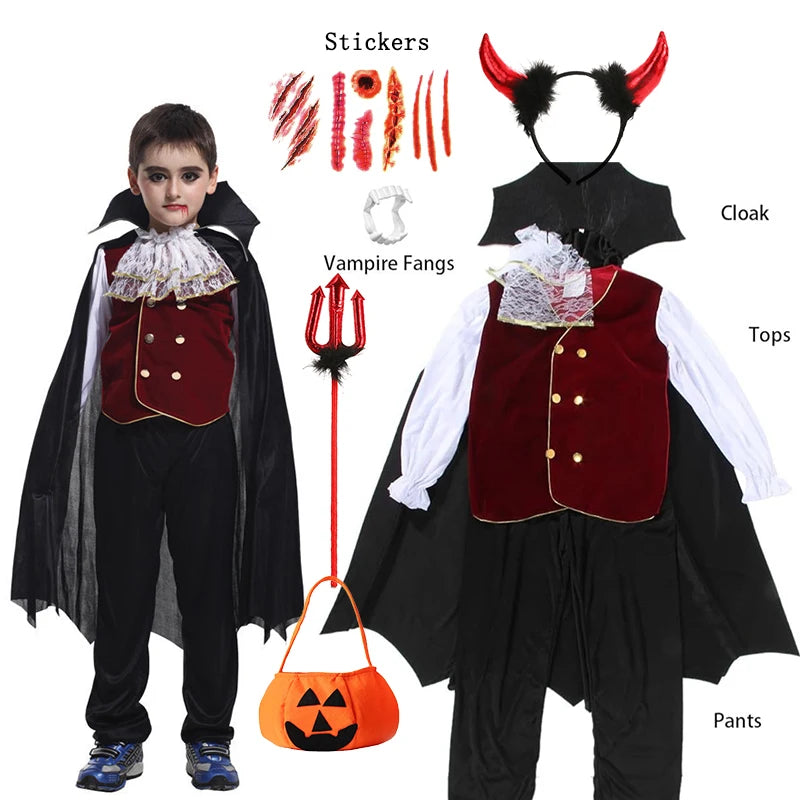 Kids' Halloween Gothic Vampire & Day of The Dead Cosplay Costumes for Boys Top + Pants + Cloak Set Scary Fantasy Outfits