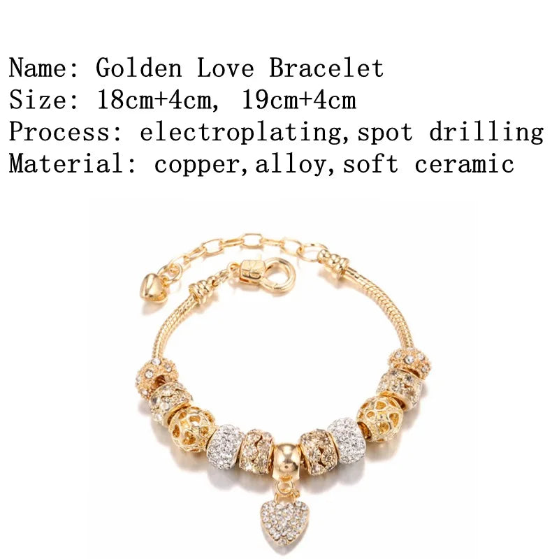 2024 New Crystal Heart Beads Charm Bracelets Gold Color Snake Chain Brand Bracelets for Women Lover Valentine's Day Jewelry Gift