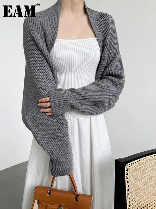 Elegant Gray Knitting Cardigan Sweater Loose Fit V-Neck Long Sleeve Women