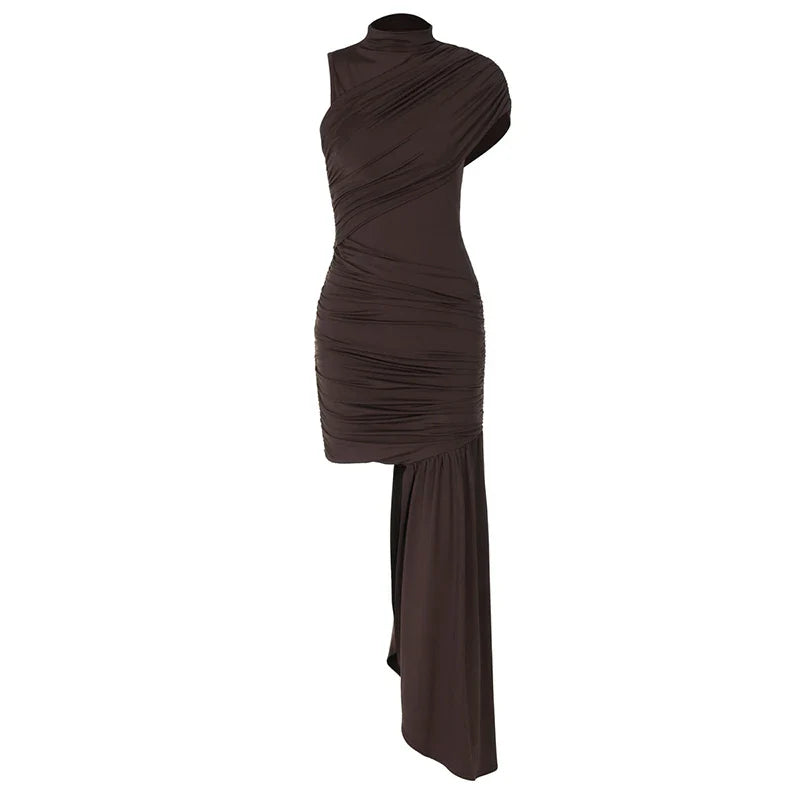 Mozision Irregular Draped Ruched Sexy Mini Dress For Women Elegant Turtleneck Sleeveless High Waist Pleated Club Party Dress