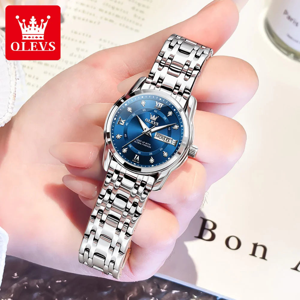OLEVS 5513 Quartz Watch for Women Diamond Scale Dual Calendar Stainless Steel Strap Waterproof Watch Elegant Ladies Wristwatches