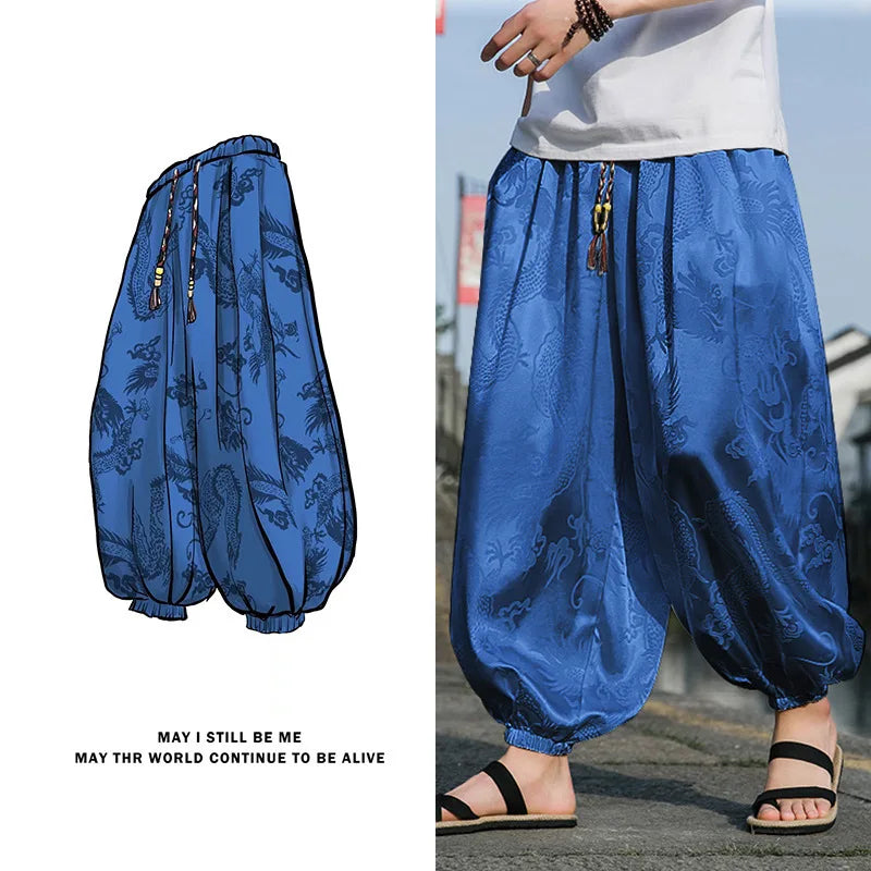 Outdoor Brand Pants For Men Lce Silk Dragon Dark Flower Loose Bloomers