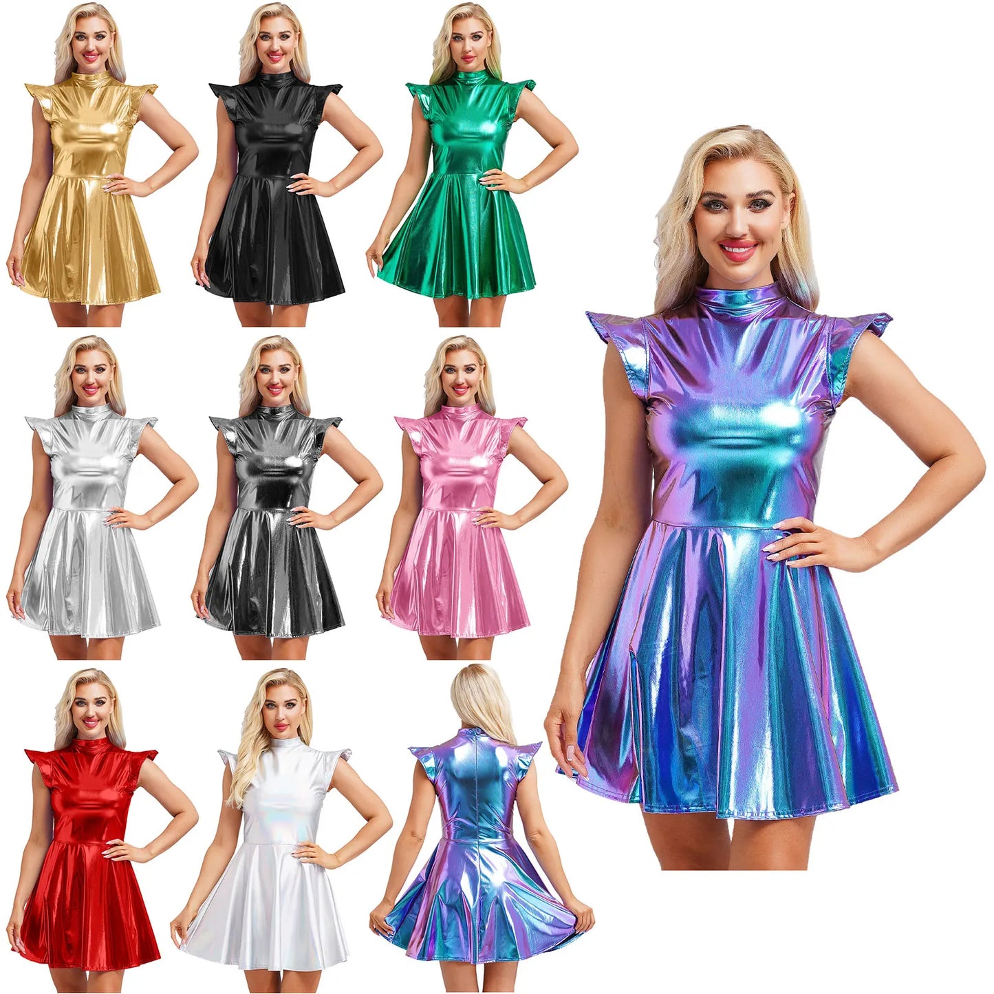 Womens Cocktail Dress Shiny Metallic Dress Alien Space Cap Sleeve High Waist A-line Dress for Halloween Party High Street Dress