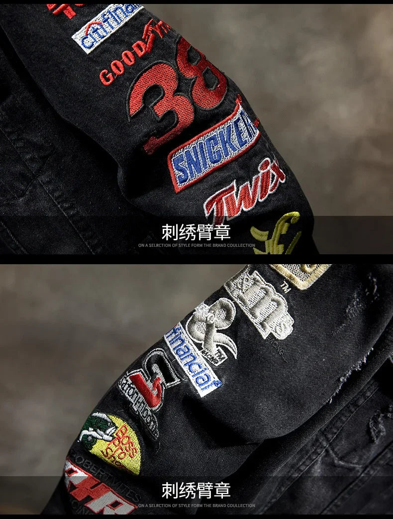 High-end Denim Jacket Men's Fashion Brand Spring Loose Hip Hop Embroidery