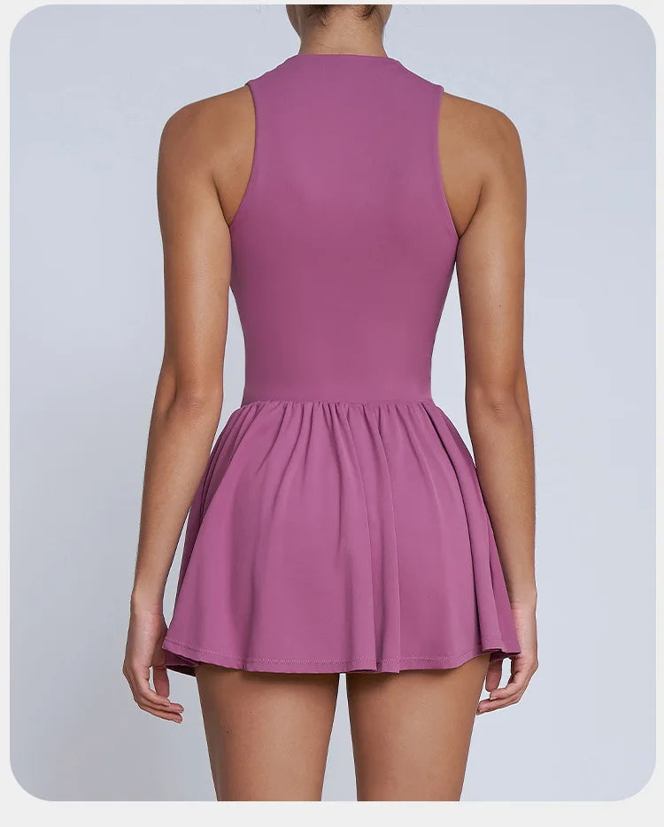 BIANHUI Women's Summer Sundress Fake Two-Piece Stand Collar Dress Running Anti-Exposure Base Layer A Flared Tennis Skirt