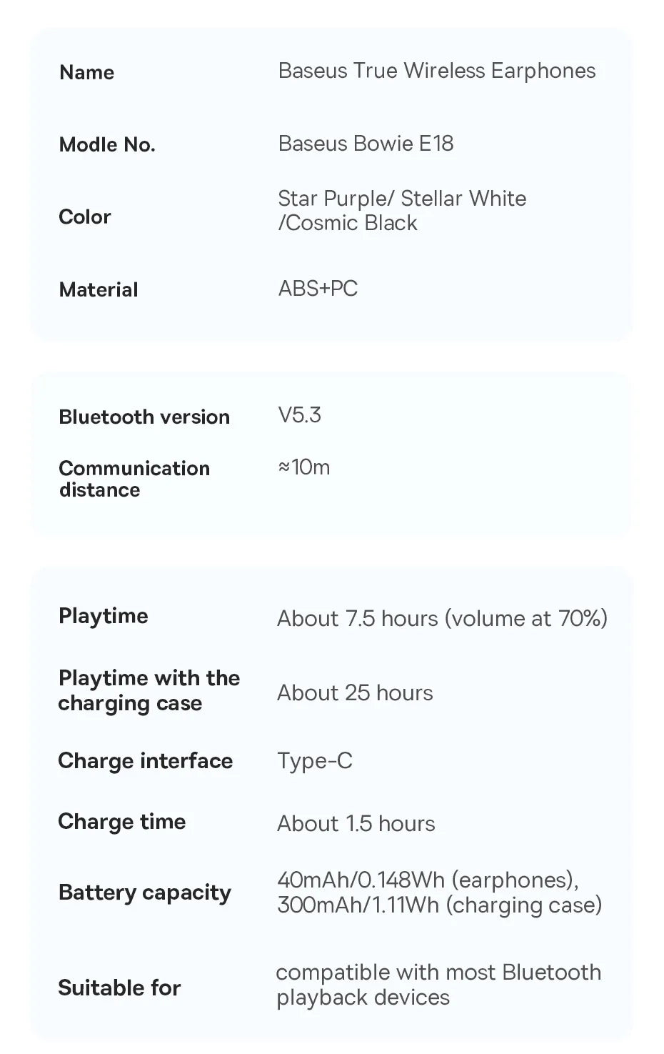 Baseus Bowie E18 True Wireless Earbuds Bluetooth 5.3 AI ENC Earphones 25H Long Playtime IPX4 Waterproof Mini bean earbud