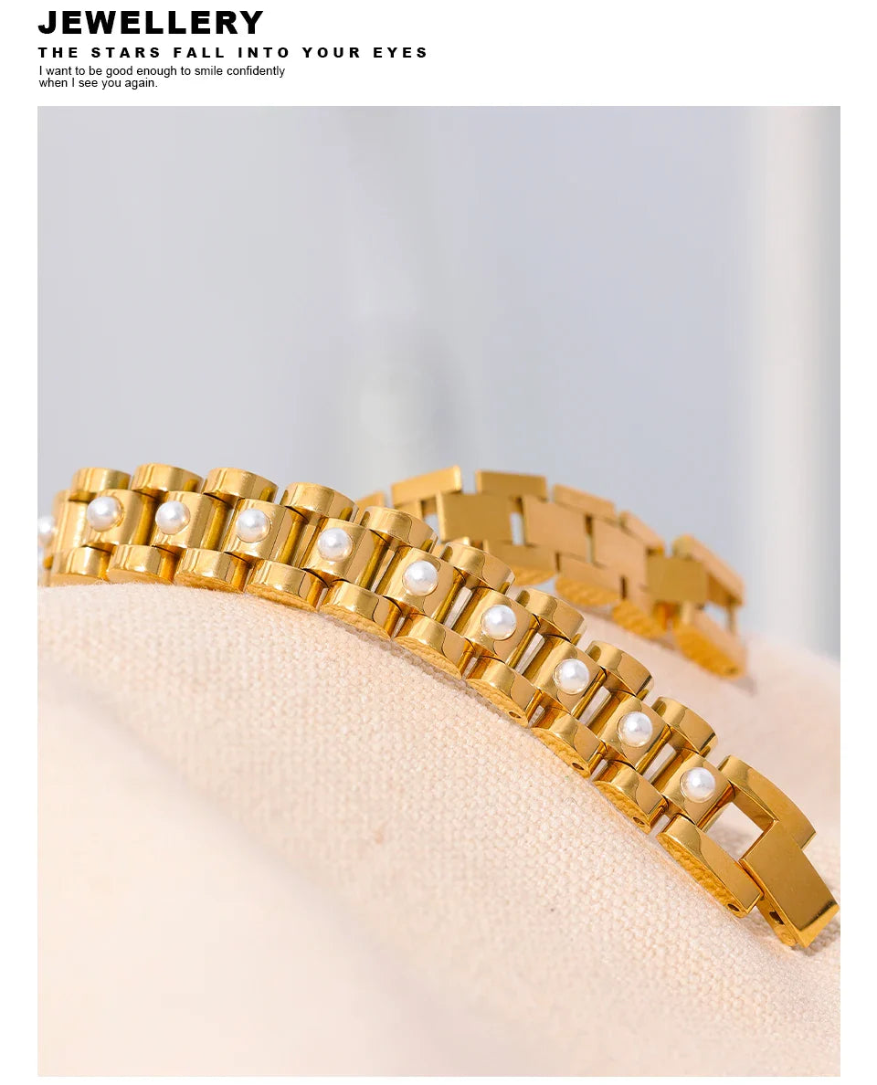 Yhpup 18cm Stainless Steel Imitation Pearls PVD Gold Plated Thick Cuban Chain Charm Bangle Bracelet Fashion Jewelry Wome