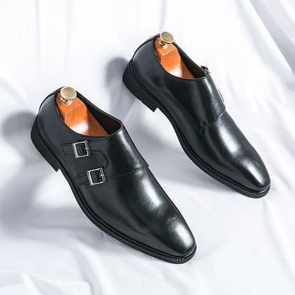 Luxury Monk Leather Men Shoes Buckle Pointed Slip On Loafers Dress Shoes Men Business Formal Social Office Party Wedding  Shoes