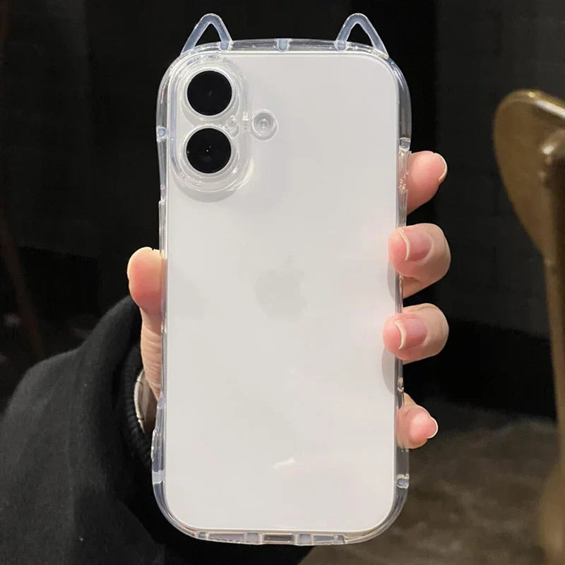 Cute Cat 3D Ears Transparent Phone Case For iPhone 17 Pro Max Air 16 15 13 11 12 14 Plus Soft Clear TPU Back Cover Shell