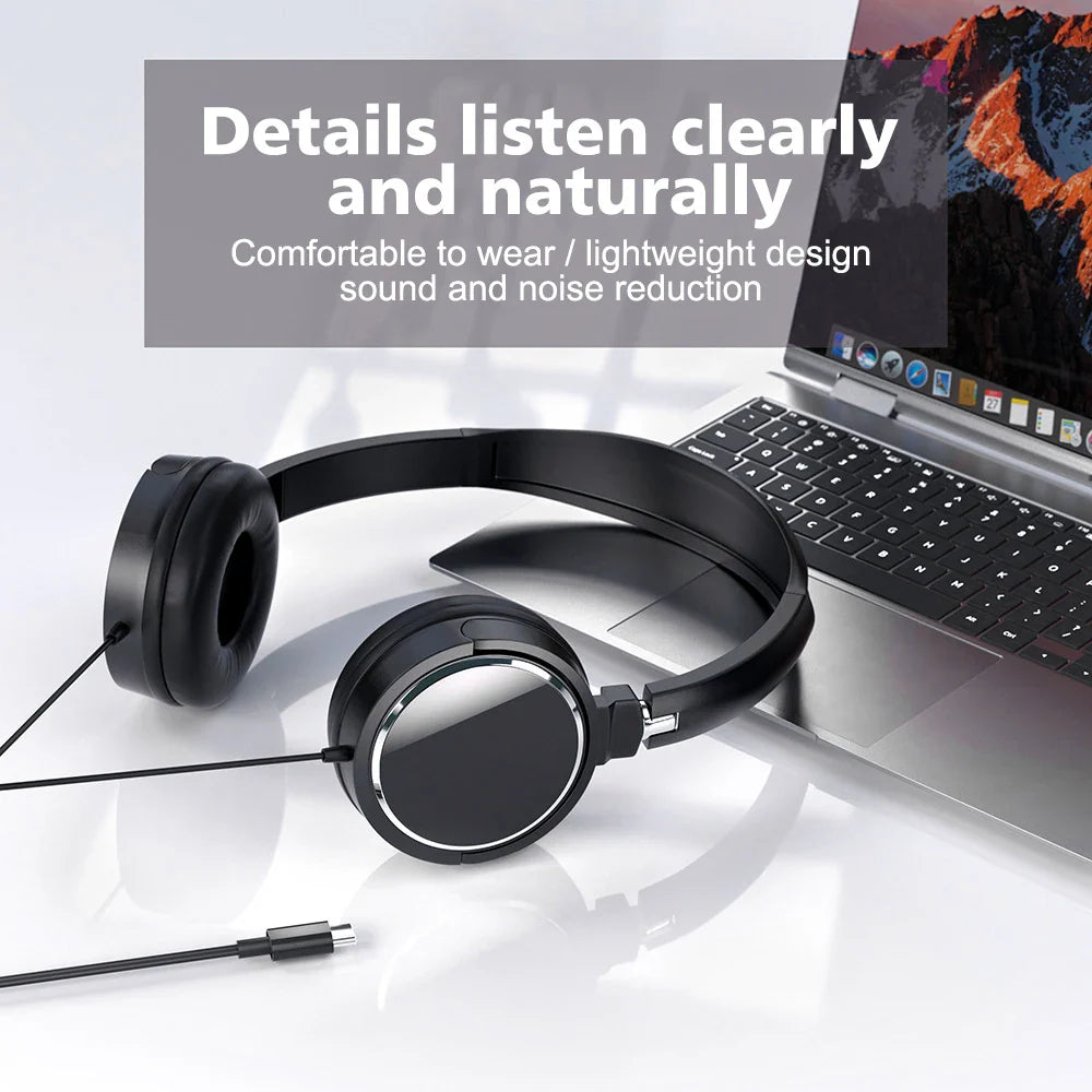 3.5mm/Type-C Wired Headphones Foldable Adjustable Headset Bass Stereo Earphones For Pc Mp3 Mobile Headphones With Noise Cancel
