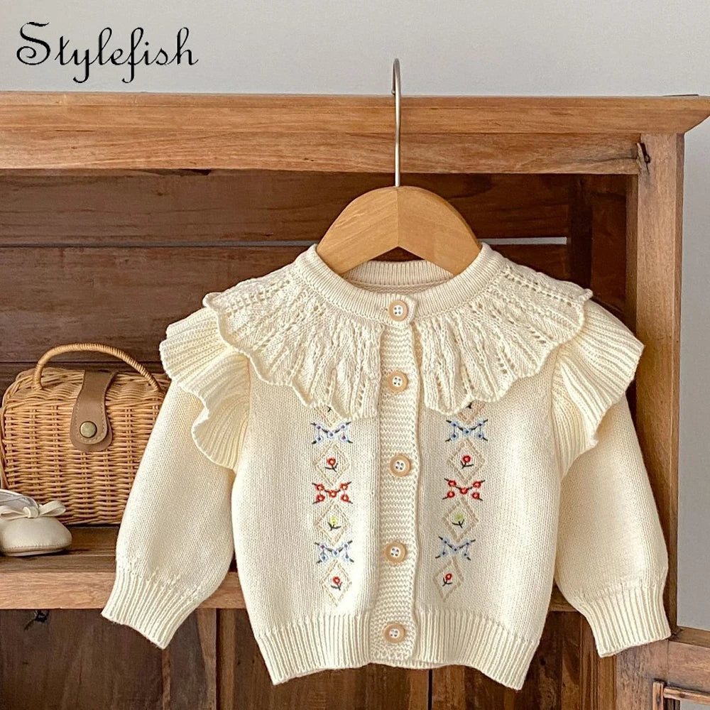 Baby Clothing for Girls Fashion Versatile Hand Hook Lace Jacquard Knitted Coat