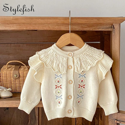 Baby Clothing for Girls Fashion Versatile Hand Hook Lace Jacquard Knitted Coat