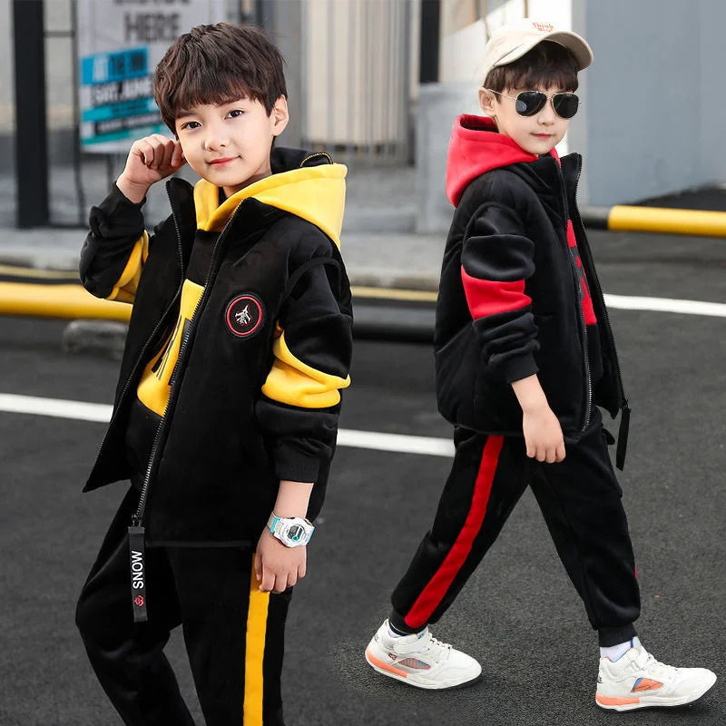 Boys Double-sided Velvet Sets Children Fashion Hooded Suit Kids Autumn Winter Jackets+Pants 2Pcs Outfits Teenager Casual Clothes