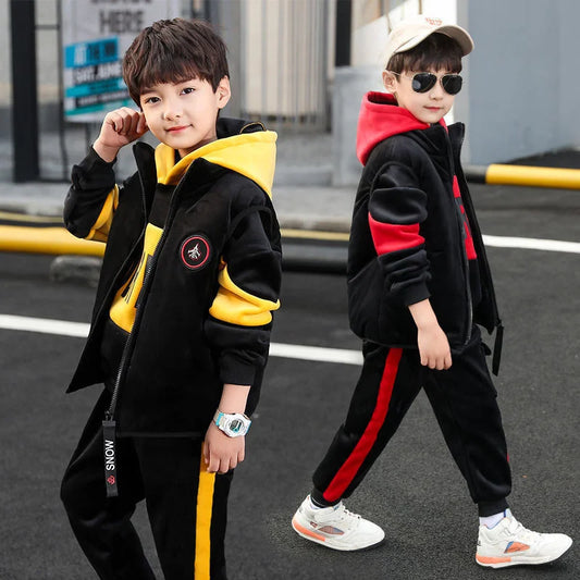 Boys Double-sided Velvet Sets Children Fashion Hooded Suit Kids Autumn Winter Jackets+Pants 2Pcs Outfits Teenager Casual Clothes