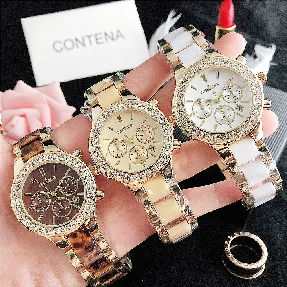 CONTENA Brand Women's Watch Top Luxury Crystal Rose Gold Watches for Women Quartz Wristwatch Bracelet Fashion Clock Montre Femme