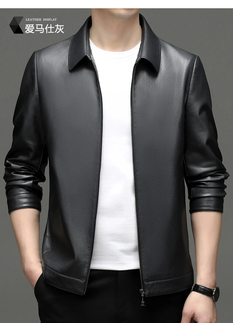Spring and Autumn Men's Genuine Leather Polo Mock Neck Jacket Fashion