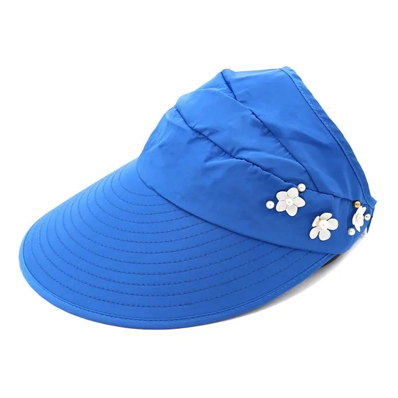 Summer Women Wide Brim Empty Top Hats Flower Pearls Floppy Foldable Sun Protection Hats Outdoor Beach Tour Visor Baseball Cap