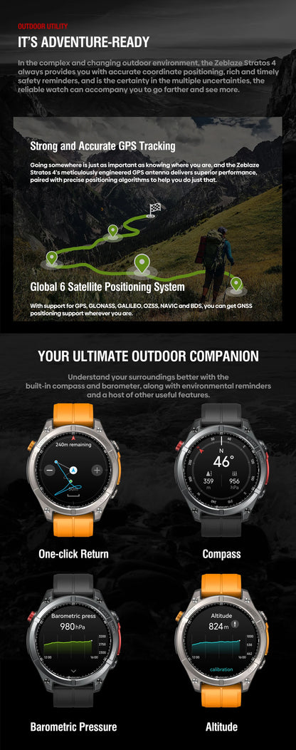 NEW 2025 Zeblaze Stratos 4 GPS Smartwatch 1.43" AMOLED Screen Compass Barometric Altimeter Flashlight Voice Calling Smart Watch