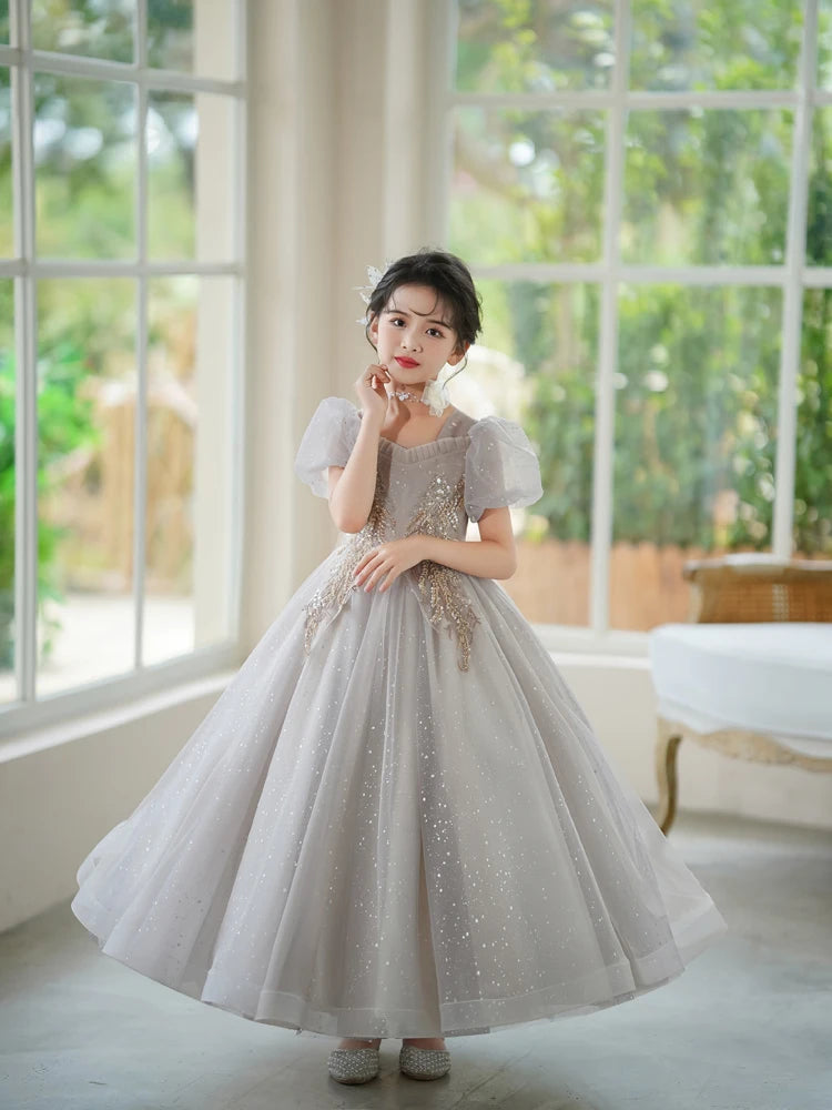 3-15T Teen Girl Fluffy Mesh Dresses for Elegant Party Princess Prom Gown Children Pageant Tailling Long Dress Performance Outfit