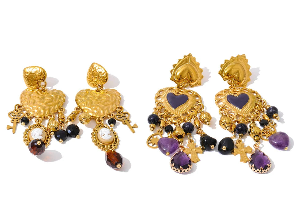Yhpup Vintage Stainless Steel Heart Cross Key Charm Pendant Drop Earrings Golden Plated Crystal Resin Stone Waterproof Jewelry