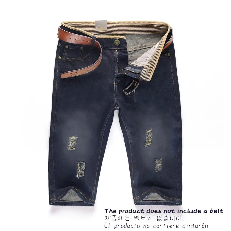 29-40 New Summer Men's Personalized Washable Perforated Denim Pants Large Casual Middle Pants