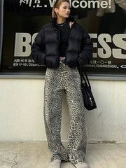 Y2K Women Leopard Print Jeans Trousers Fashion Casual Loose Wide Leg Pants