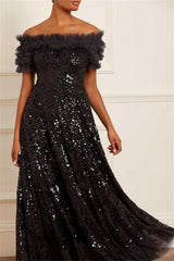 Black Glitter Sequins A-line Prom Dress Elegant Off Shoulder Sleeveless Wedding Dress