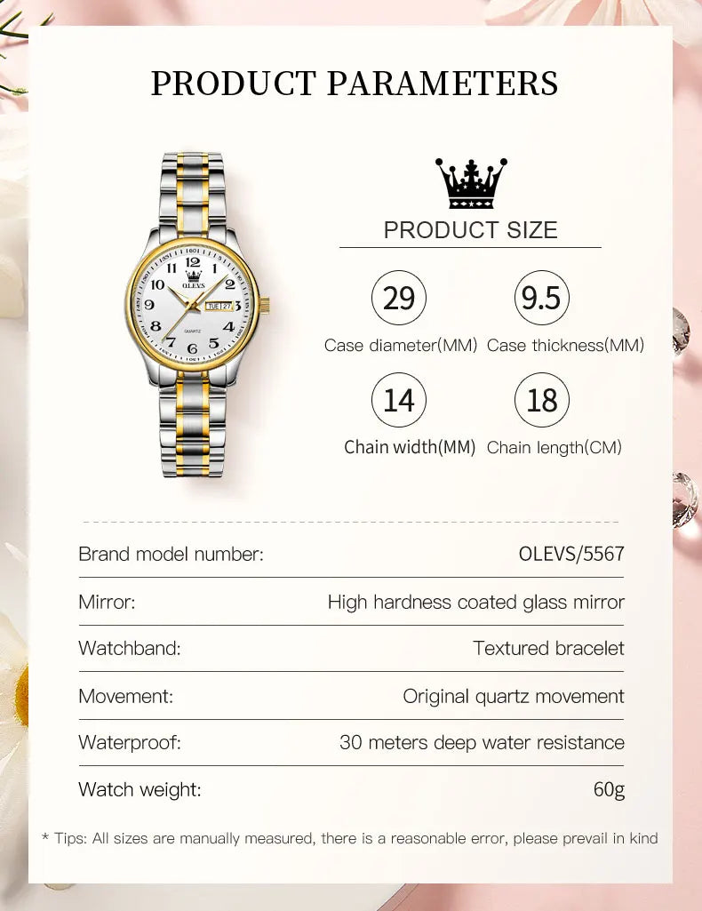 OLEVS 5567 Women's Watch Original Luxury Brand Stainless Steel Waterproof Quartz Women's Watch Elegant Date Zhou Women's watches