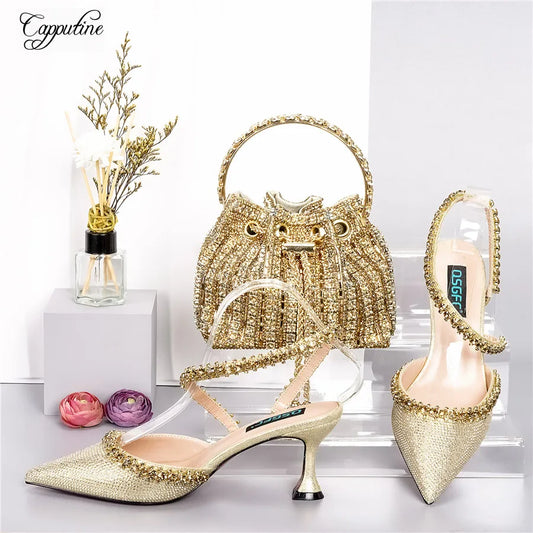 Gold Shoes And Bag Set For Women Luxury Ladies Pumps Match With Handbag Sandals Purse Clutch Escarpins Femme For Party QSL070
