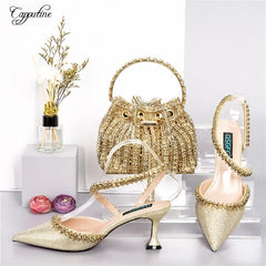 Gold Shoes And Bag Set For Women Luxury Ladies Pumps Match With Handbag