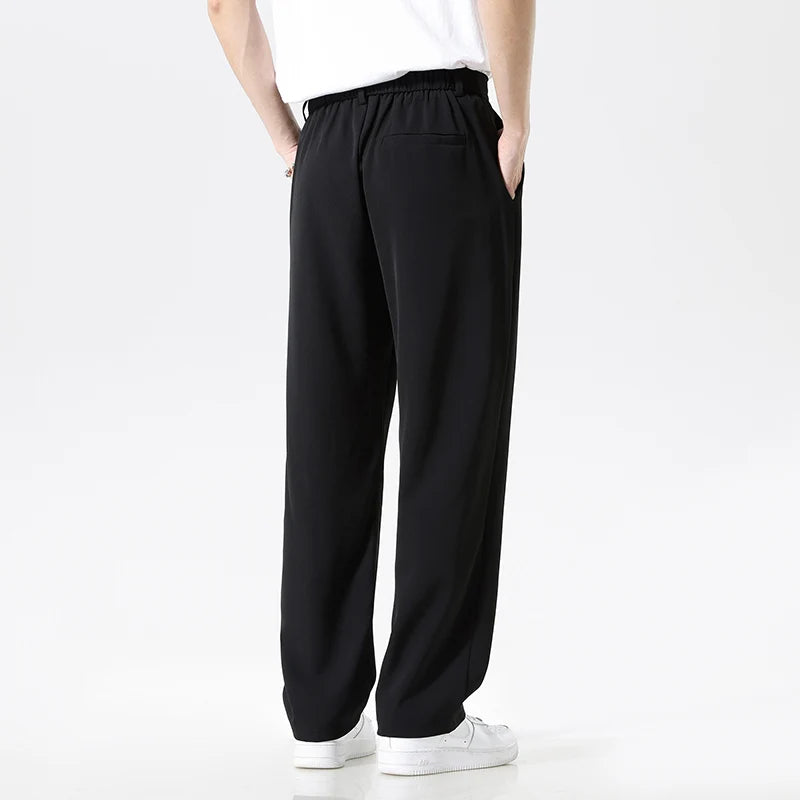 Men's Casual Loose Straight Suit Pants Button Elastic Waist Korea Leisure