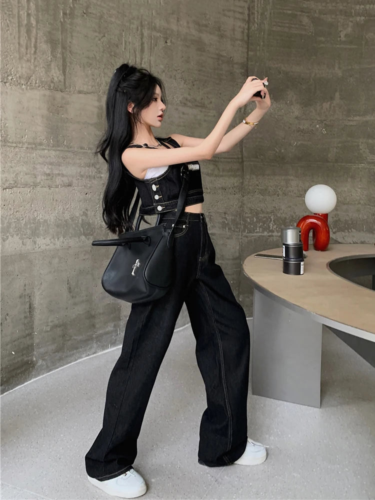 Acubi Fashion Two-Piece Top Pants Set Women Y2k Black Jeans