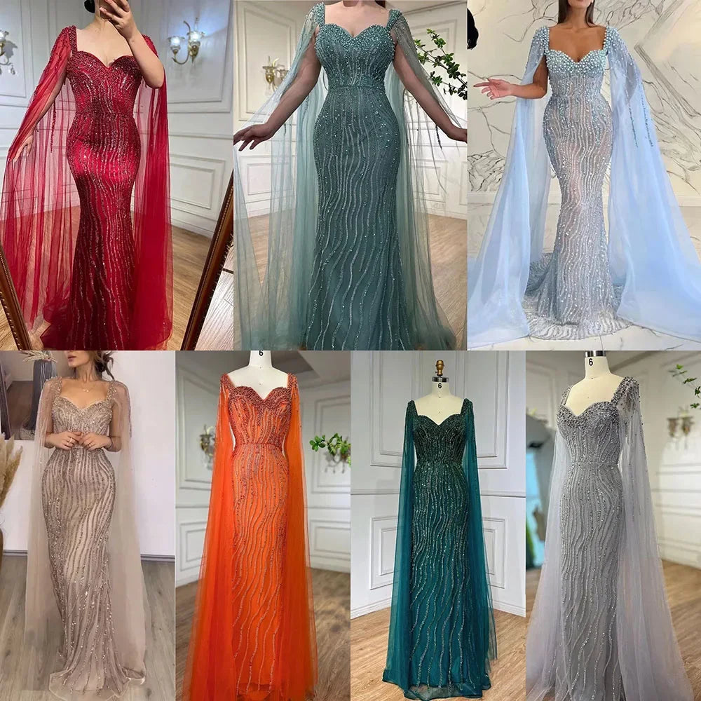 Serene Hill Blue Arabic Luxury Beaded  Mermaid Cape Sleeves Evening Dresses Gowns 2023 For Women Wedding Party LA71715