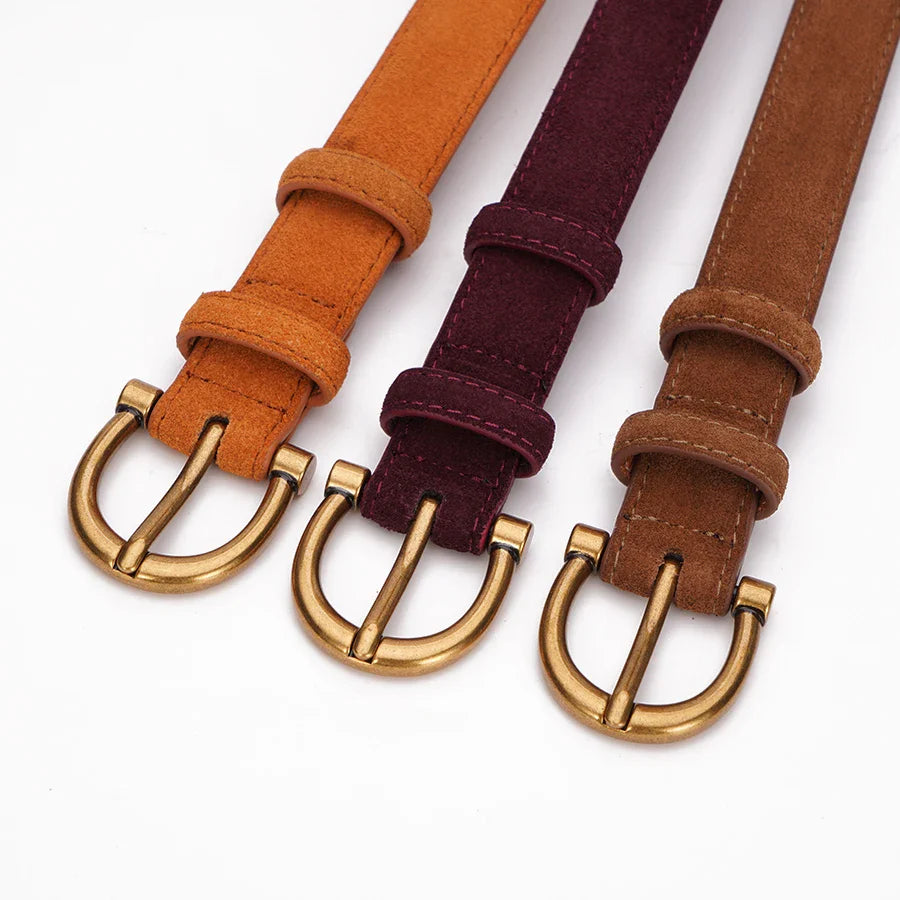 Genuine Leather Suede Women Belt Fashion Skinny Waistband Retro Gold Buckle Brown Belts for Jeans Pants