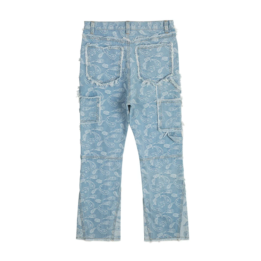 Y2k Frayed Urban Cashew Flower Full Print Patchwork Baggy Flare Jeans for Men Straight
