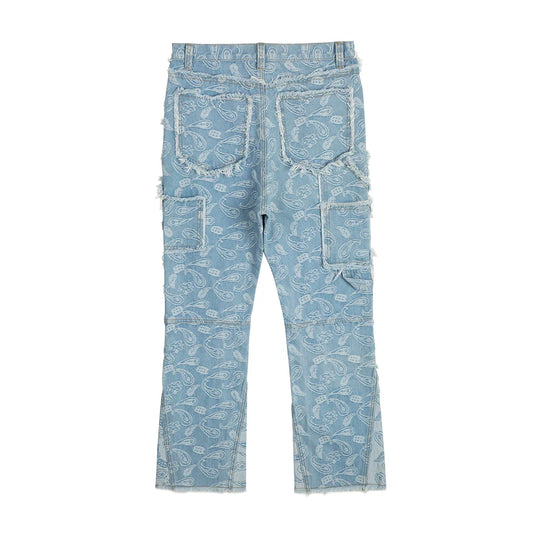 Y2k Frayed Urban Cashew Flower Full Print Patchwork Baggy Flare Jeans for Men Straight
