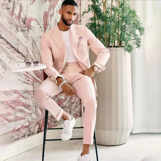 Tuxedo for Mens: Pink Men Suit Two Pieces (Jacket+Pants) Set Slim Fit Gentleman