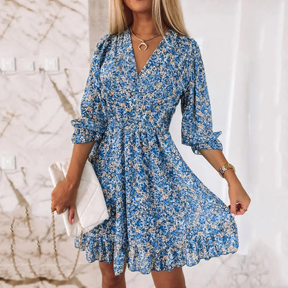 Plus Size Summer New Bubble Sleeves V-Neck Waist Pullover Bohemian Printed Short Sleeve Fragmented Flower Slim Fit A-Line Dress