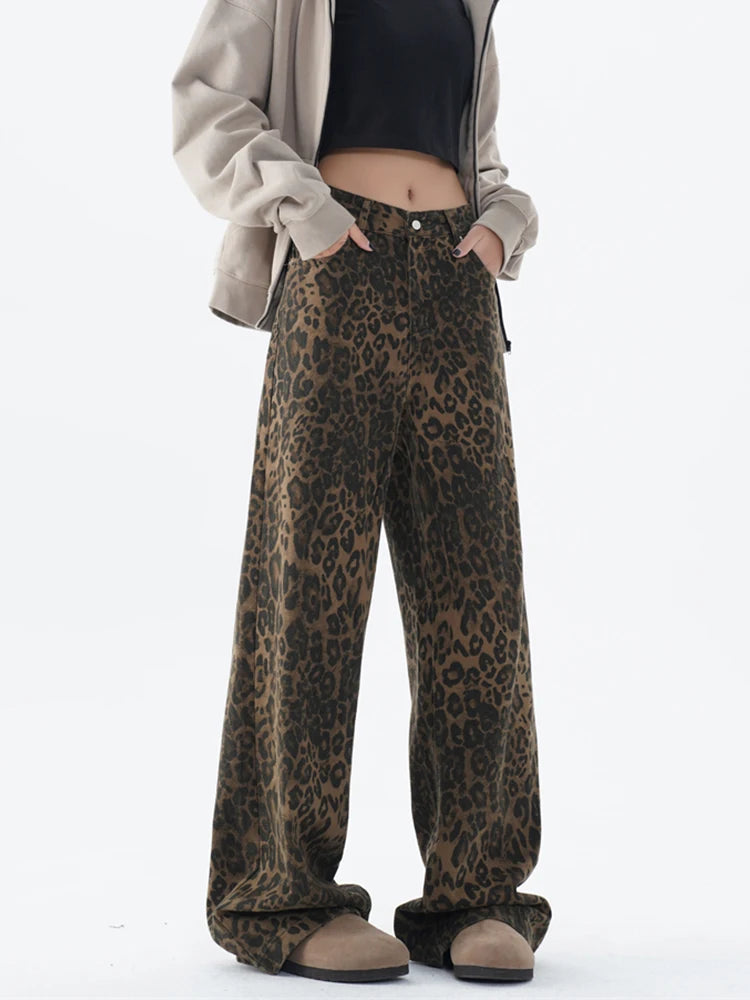 Retro Baggy Leopard Print Women Jeans Y2k American Wide Leg Pants