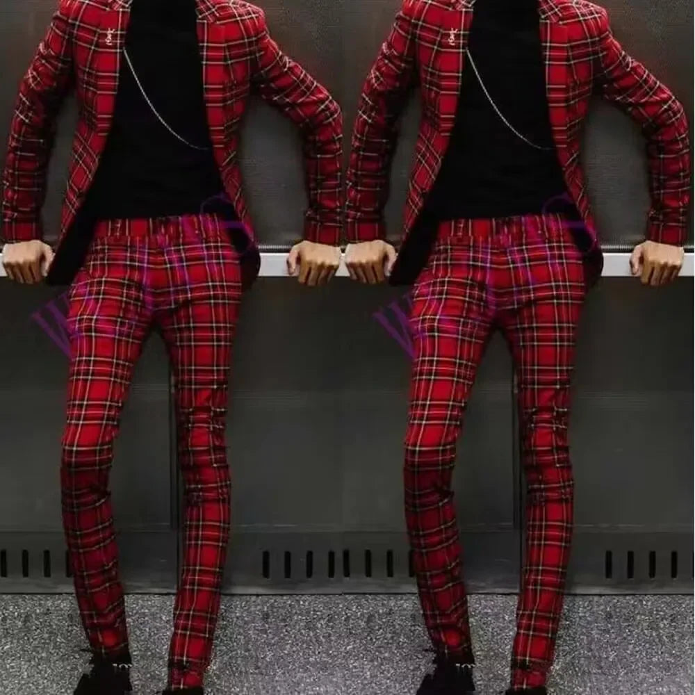 Tuxedo for Mens: Red Plaid Men Suits Formal Handsome Notch Lapel Wedding Groom